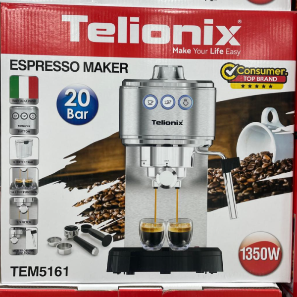 Machine à expresso et cappuccino Telionix TEM5120, 20 bars, 1.6 L, 1200W